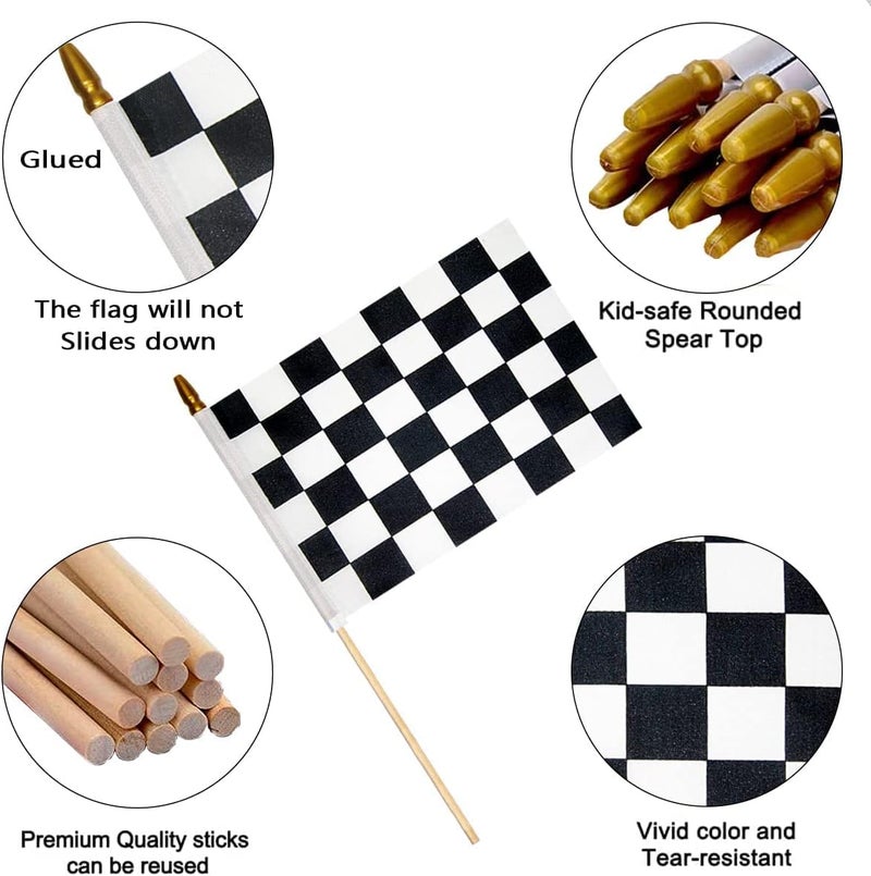 Uelfbaby 4 Pcs 8×12 inch Checkered Flag, Black and White Racing Flag on Wood Stick - Hand Held Stick with Kid-Safe Spear Top, Children's Party Decoration - Image 2